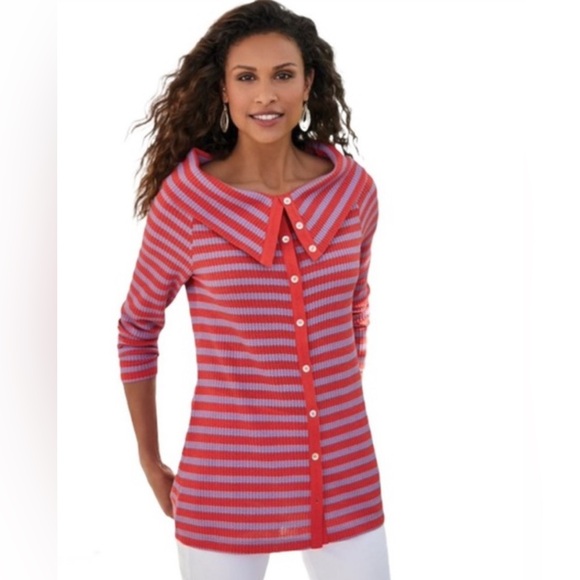Soft Surroundings Tops - Like New Soft Surroundings Serene Button Collar Striped Knit Sweater